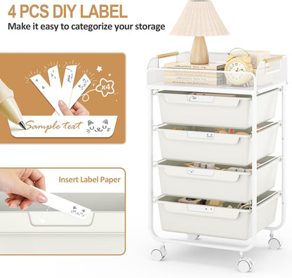 Rolling Utility Storage Cart with 4 Drawers - 4 Tiers Rolling Cart Craft Cart, Storage Drawer Cart Organizer for Craft Room Office Bedroom Classroom with Mesh Top & 4 PCS DIY Lable, White