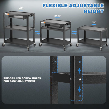 Extra Large Rolling Computer Cart with Power Strip - 3 Tier Steel Utility AV Cart with Wheels - Height Adjustable Mobile Workstation Media Carts for Presentation Office Classroom, 34" x 18" x 42"
