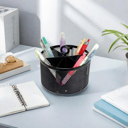 SETTFRFE Metal Mesh Desk Organizer,360°Rotating Pen Holder, Black Pencil Container with 6 Compartments, Office Supplies Organizer for Students, Home, Workspace