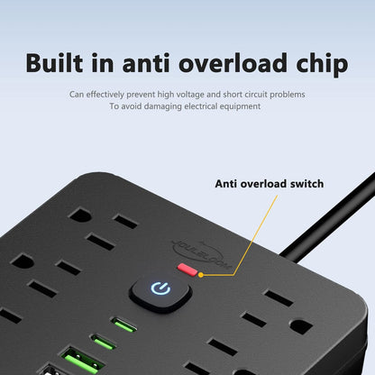 10 FT Flat Plug Surge Protector Power Strip,11 Multiple AC Outlets with 6 USB Ports (2 USB C), 10 Feet Extension Cord, 1250W/10A, One Touch Switch Button, 17 in 1 Compact powerstrip