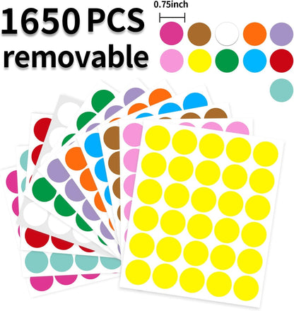 0.75 Inch Removable Color Code Dot Sticker Round Labels,Garage Sale Stickers Price Tags Label Blank Yard Sale Circle Dot Stickers Removable Writable Not Blurry (1650 Pack,11 Colors)