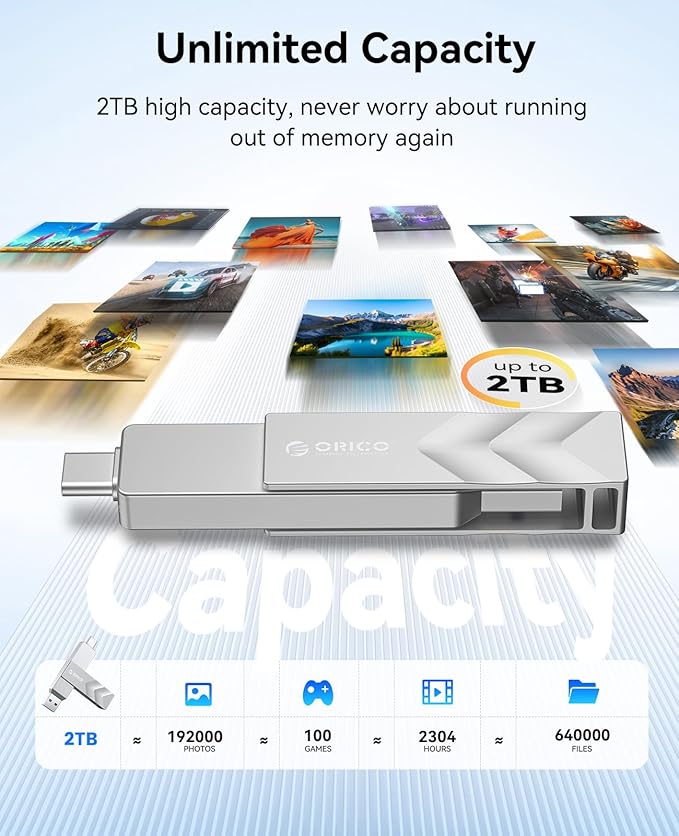 ORICO 2TB Portable Solid State Drive, 1050MB/s Dual-Port Rotating Metal External SSD with 90° Click-Stop, Reliable Storage for iPhone 17, 16 Series, Type-C Smartphone, Mac, Audio, Vehicle - A101