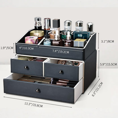 KINGFOM 2 Tier PU Leather Makeup Organizer with 3 Drawers, Cosmetic Storage Organizers for vanity Dresser Countertop and Bathroom Vanity, Beauty Holder for Lipstick Brush Skincare (Black)