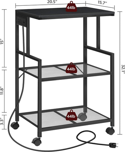 Mobile Printer Stand, 3-Tier Industrial Printer Cart with Power Outlets and 2 USB Ports, Rolling Printer Table on Wheels for Home Offices Kitchen Organization Rack, Black PTHB78E01