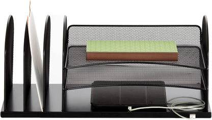 Safco Products 3231BL Onyx Desktop Organizer with USB Charging Port, 3 Section File Sorter, 3 Paper Trays, Durable Steel Construction, Black