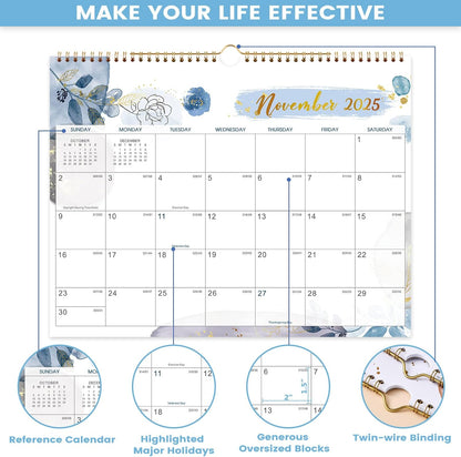 Wall Calendar 2025-2026 – Calendar 2025-2026, 11.5 x 15 In, July 2025 - December 2026, 18 Monthly Calendar, Large Block with Julian Dates, Thick Paper, Holidays, Hanging Hook, Twin-wire Binding