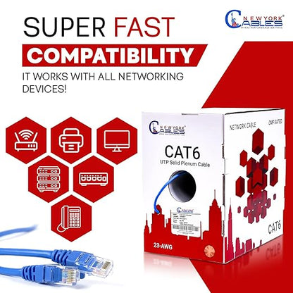 NewYork Cables CAT6 Plenum Cable 1000ft | 100% Pure Copper, UTP, 550MHz, 23AWG, 4Pair 10GB Ethernet Cable, Certified CMP-Rated Bulk Cat 6 Cable for Networking & Gaming (1000ft, Pure Copper,Blue)