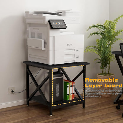 Large Printer Stand with Power Outlet, with Storage Shelf, 2 Tier Rolling Printer Cart with Industrial Wheels, 23.6 x 23.6 Inches Printer Table for Home Office,Black