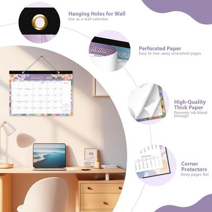 2026 Desk Calendar, Large Desktop/Wall Monthly Calendar 17'' x 12'' School Year Desk Planner for Teacher Family School Office Supplies (Flower-B, 17"x12"(Jan 2026-Jun 2027）)