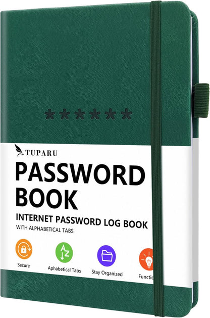 Password Book with Alphabetical Tabs – Hardcover Internet Address & Password Organizer – Password Keeper Notebook for Computer & Website – 5.2 x 7.6" Log-in Password Journal w/ Thick Paper (Earth Green)
