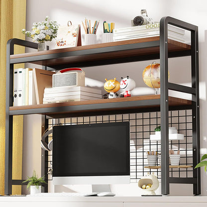 2-Tier Desktop Hutch Bookshelf Metal Desk Shelf Dorm Bookcase for Computer Desk Countertop Storage Organizer Display Rack for Office Home (Black, 45.2in)