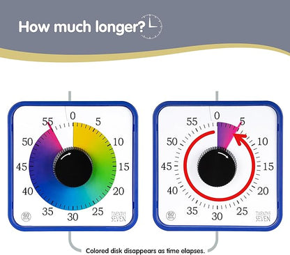 Visual Timer 7.5 inch; 60 Minute 1 Hour Countdown Timer for Kids Classroom Teaching Tool Home Office Meeting, Mechanical Countdown Clock for Exam Time Management Magnetic, Navy Blue with Colorful Disc