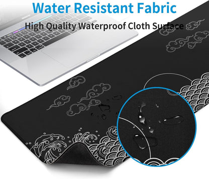 Japanese Sea Wave Gaming Mouse Pad Black Large Anime Mousepad Extended Mouse Mat 31.5''x11.8'' 3mm Thick Non-Slip Rubber Base Big Desk Pad for Office