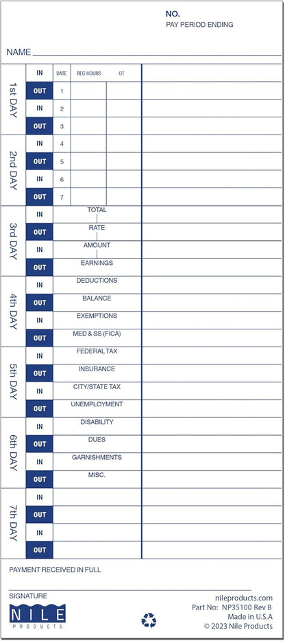 Nile Products - 200 Authorized Single Sided Time Cards for Pyramid Manual Side Print Timeclock and Document Stamp [ NP35100-PK2], Pyramid 35100-10 Compatible (4 W x 9 H Inches) - 200 Time Cards