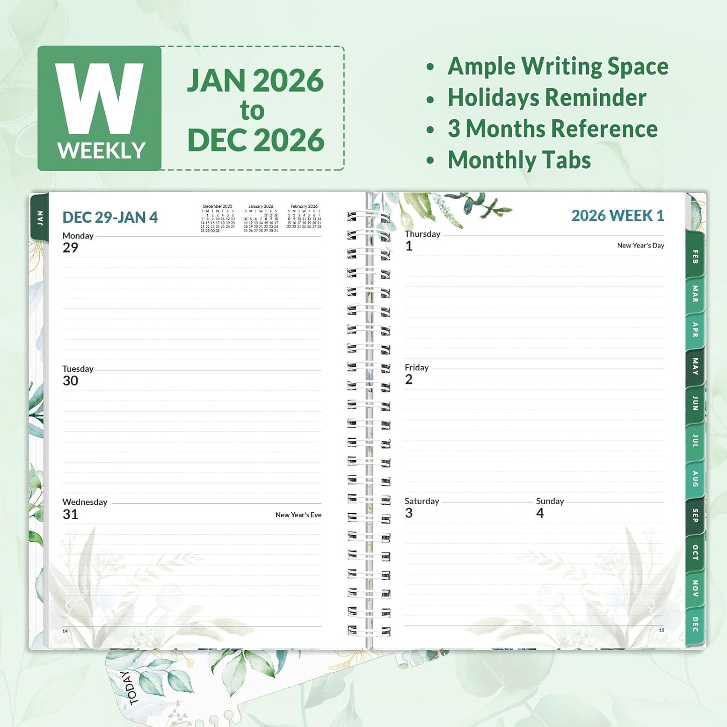 SUNEE 2026 Weekly and Monthly Planner - from January 2026 - December 2026, 6.4" x 8.3" Daily Agenda Planner with Monthly Tab, Flexible Cover, Note Pages, Pockets, Bookmark, Spiral Binding, Greenery