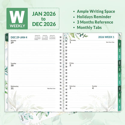 SUNEE 2026 Weekly and Monthly Planner - from January 2026 - December 2026, 6.4" x 8.3" Daily Agenda Planner with Monthly Tab, Flexible Cover, Note Pages, Pockets, Bookmark, Spiral Binding, Greenery