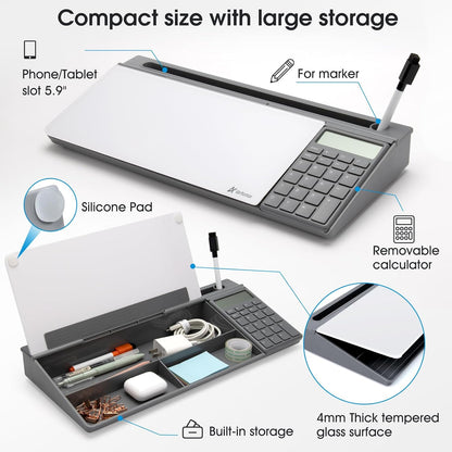 Varhomax Glass Desk Whiteboard with Calculator, Desktop Dry Erase White Board with Storage, to Do List Memo Notepad for Home and Office