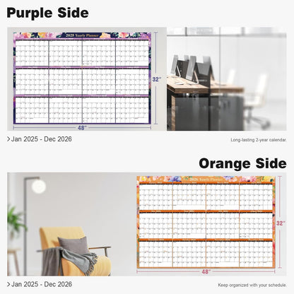 Ospelelf Dry Erase Wall Calendar 2025-2026 Large Laminated Calendar 32'' x 48'' Yearly Office Horizontal 24 Month Calendar, Use Jan 2025 - Dec 2026 (Floral)