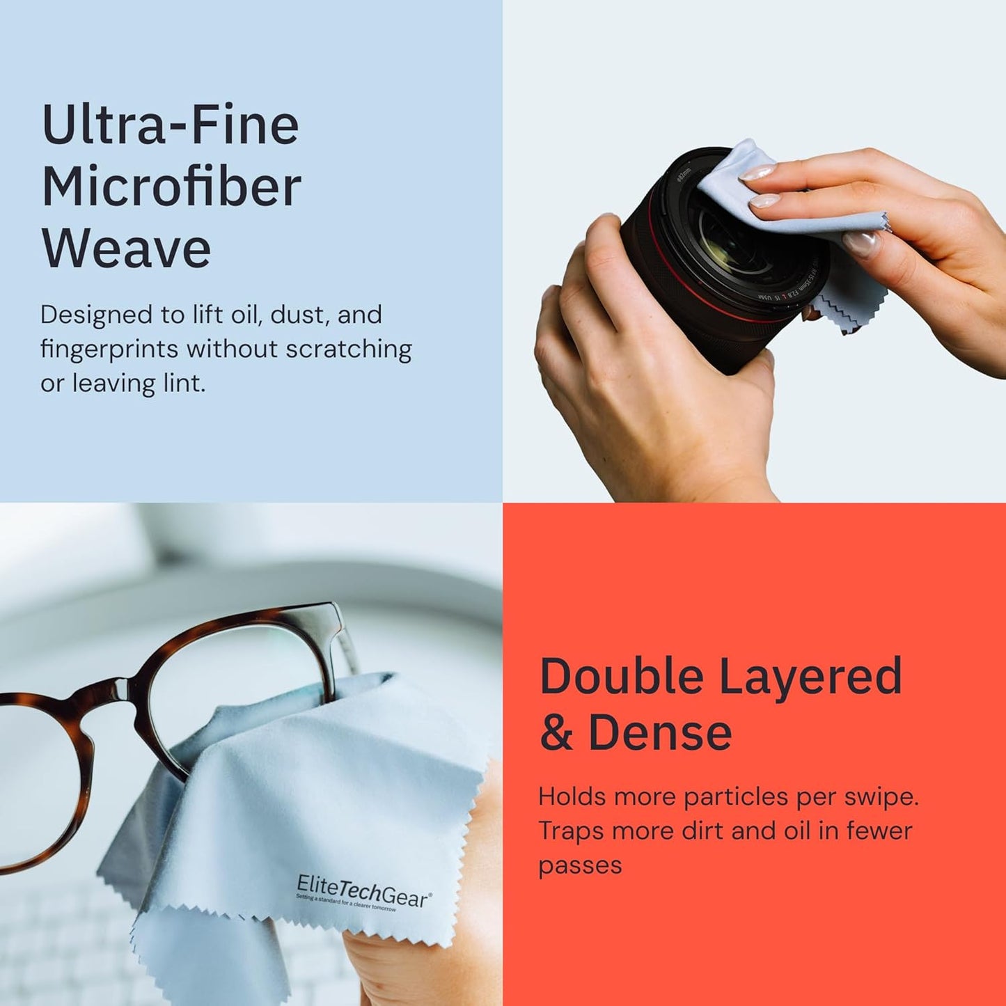 Elite Tech 6-Pack Oversized Microfiber Cloths for Electronic Devices, Eyeglasses, Screens and Lenses - Washable; 6×7 in & 12×12 in - Eyeglass Cloth - Glasses Cleaner