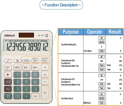 Desktop Calculator Large LCD Display 12 Digit Number Big Button Tax Financial Accounting Calculator, Battery and Solar Powered, for Desk Office Home Business Use(OS-130T Green)