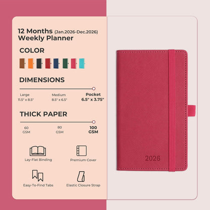 Weekly Monthly 2026 Planner (Jan.26-Dec.26),6.5"x3.75",12 Months Agenda Plan with Month Tabs & Pocket,Expenses/Note Pages, Appointment Book Calendar with Vegan Leather Cover,Rose Red