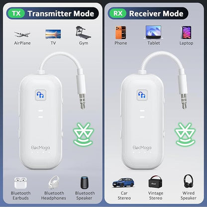 2026 Upgraded Airplane Bluetooth 5.4 Transmitter Bluetooth Adapter, ElecMoga Airplane Travel Essentials Supports 2 AirPods or Headphones, 2-in-1 AUX Wireless Transmitter Receiver for TV, Car, White