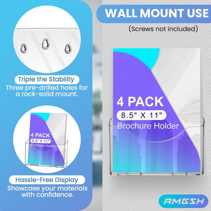 4 Pack Brochure Holder 8.5” x 11”, Acrylic Literature Holder, Plastic Clear Rack Card Display Trifold Brochures Stand Flyer Holder Pamphlet Display Stand, Wall Mount/Countertop