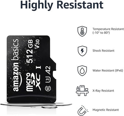 Amazon Basics Micro SDXC Memory Card with Full Size Adapter, A2, U3, Read Speed up to 100 MB/s, 512 GB, Black