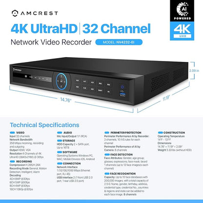 Amcrest 4K NV4232-EI 32CH AI NVR, Smart NVR, Facial Recognition, Facial Detection & Vehicle Detection - Supports 32 x 4K IP Cameras, Supports 2 x 16TB HDD (Not Included) (No PoE Ports Included)