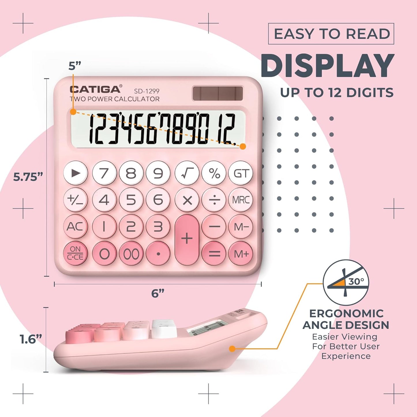 CATIGA Mechanical Switch Calculator with Solar and Battery Dual Power, 12-Digit Large LCD Display, Aesthetic and Cute Desktop Calculator with Big Button, for Home, School and Office Use, SD-1299