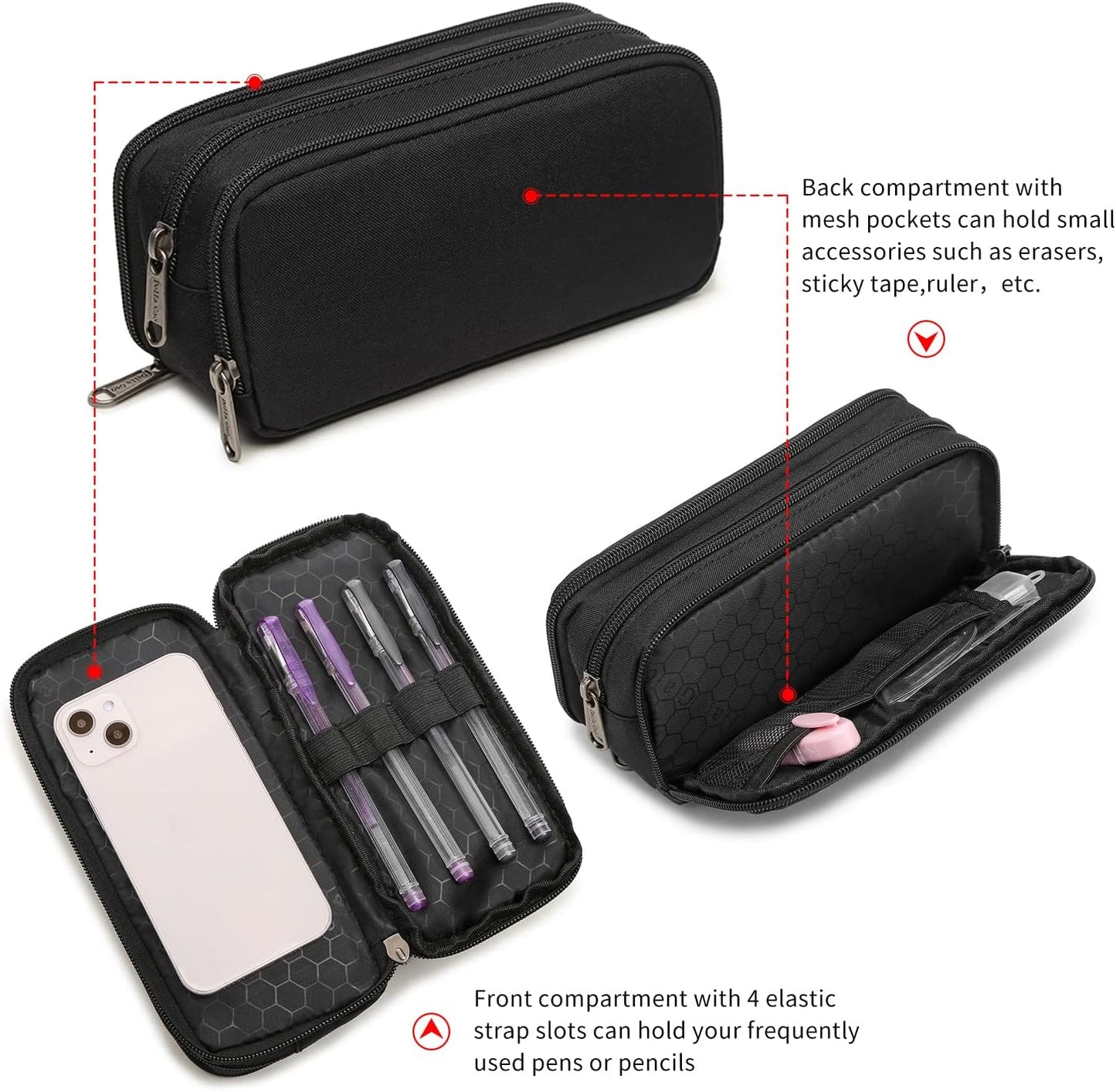 Della Gao Large Capacity Pencil Case, Aesthetic Pencil Pouch with 3 Compartments Nylon Storage Pen Bag Office Stationery Organizer for Women and Men- Black