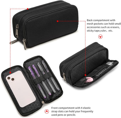 Della Gao Large Capacity Pencil Case, Aesthetic Pencil Pouch with 3 Compartments Nylon Storage Pen Bag Office Stationery Organizer for Women and Men- Black
