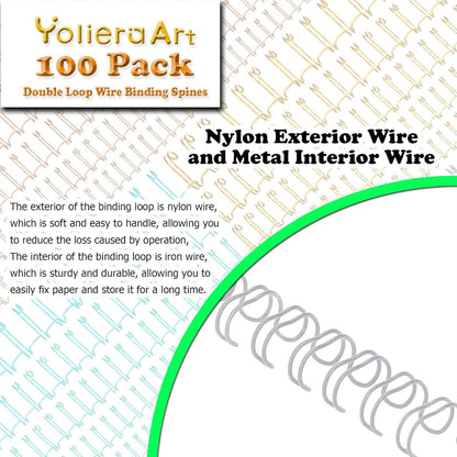 3:1 Pitch Double Loop Binding Wires, YolieraArt 100 Pack Spiral Spine Bindings, 9/16 Inch Wire Twin Binding for Book Binder Machine,Students and Coworkers (120 Sheet Capacity, 100P, White)