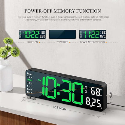 Digital Clock, Digital Wall Clock for Living Room Decor, Desk Alarm Clock for Bedroom, Large Wall Clock with Remote Control, Automatic Brightness Dimmer LED Clock with Date Temperature Week (Green-B)