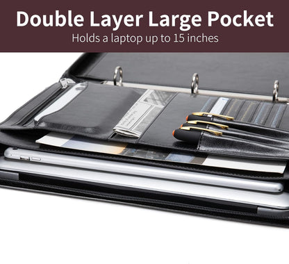 Vegan Leather 3 Ring Binder Portfolio, 8.5 x 14 Legal Size Pad Holder, Hidden Handle, Zippered Padfolio with 15” Laptop Organizer, Professional Business Folio for Men Women, Black