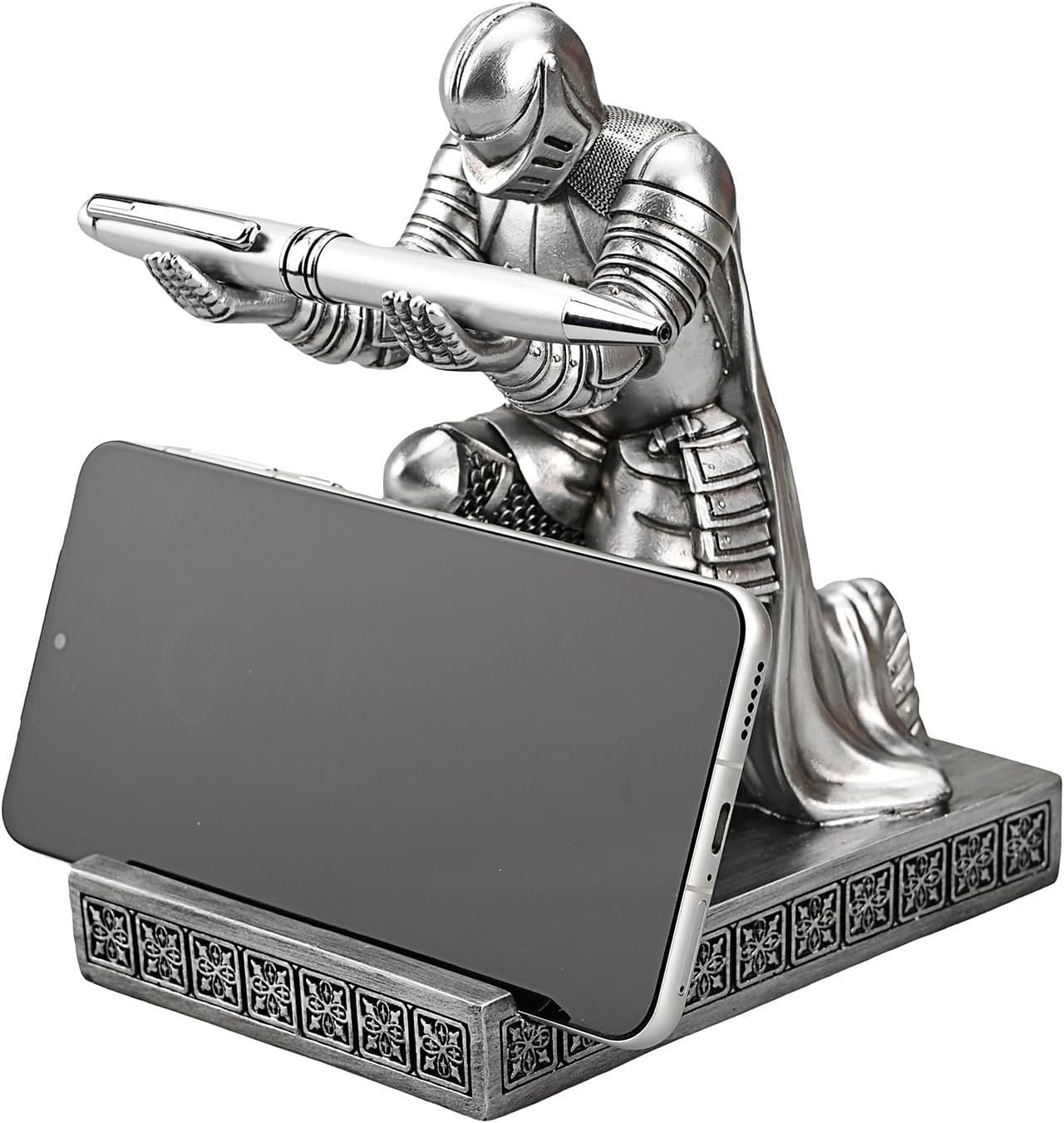 Windbreaker Soldier Knight Pen Holder Personalized Desk Accessory, Mobile Phone & Gaming Controller Holder, Device Stand Gift for Medieval Enthusiasts (Silver)