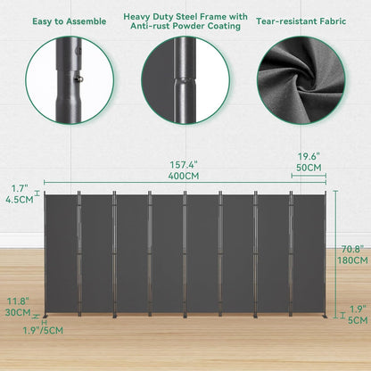 Helios&Hestia 8-Panel 6 ft Tall Indoor Folding Room Divider, Portable Privacy Screen, Freestanding Partition Separator, Temporary Wall Separation for Bedroom, Office, 160" W X 71" H, Dark Grey