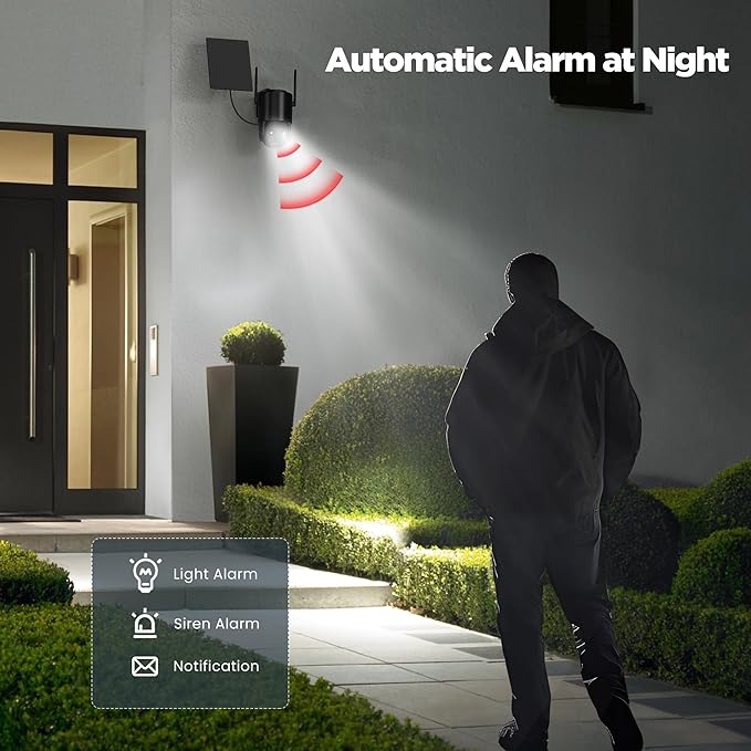 Security Cameras Wireless Outdoor Solar: Battery Cameras for Home Security WiFi Camera Outdoor Surveillance Camera PTZ 360° CCTV Cam System with Floodlight Color Night Vision PIR Sensor