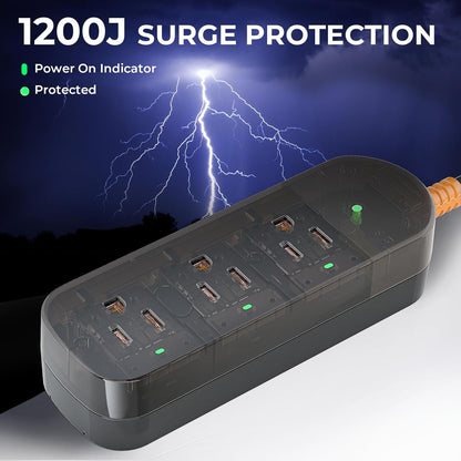 Power Strip Weatherproof, Transparent Surge Protector with 3 Wide Outlets, 1625W/13A,5FT Flat Plug Multi-Plug Outdoor Extension Cord for Indoor Outdoor, UL FCC Listed