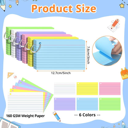Index Cards 3x5 Inches, 300 PCS, Colored Flash Cards With Ring, Punched Lined Study Card Ruled Flashcards Notecards, Ruled Front And Blank Back, Note Card for School, College And Home