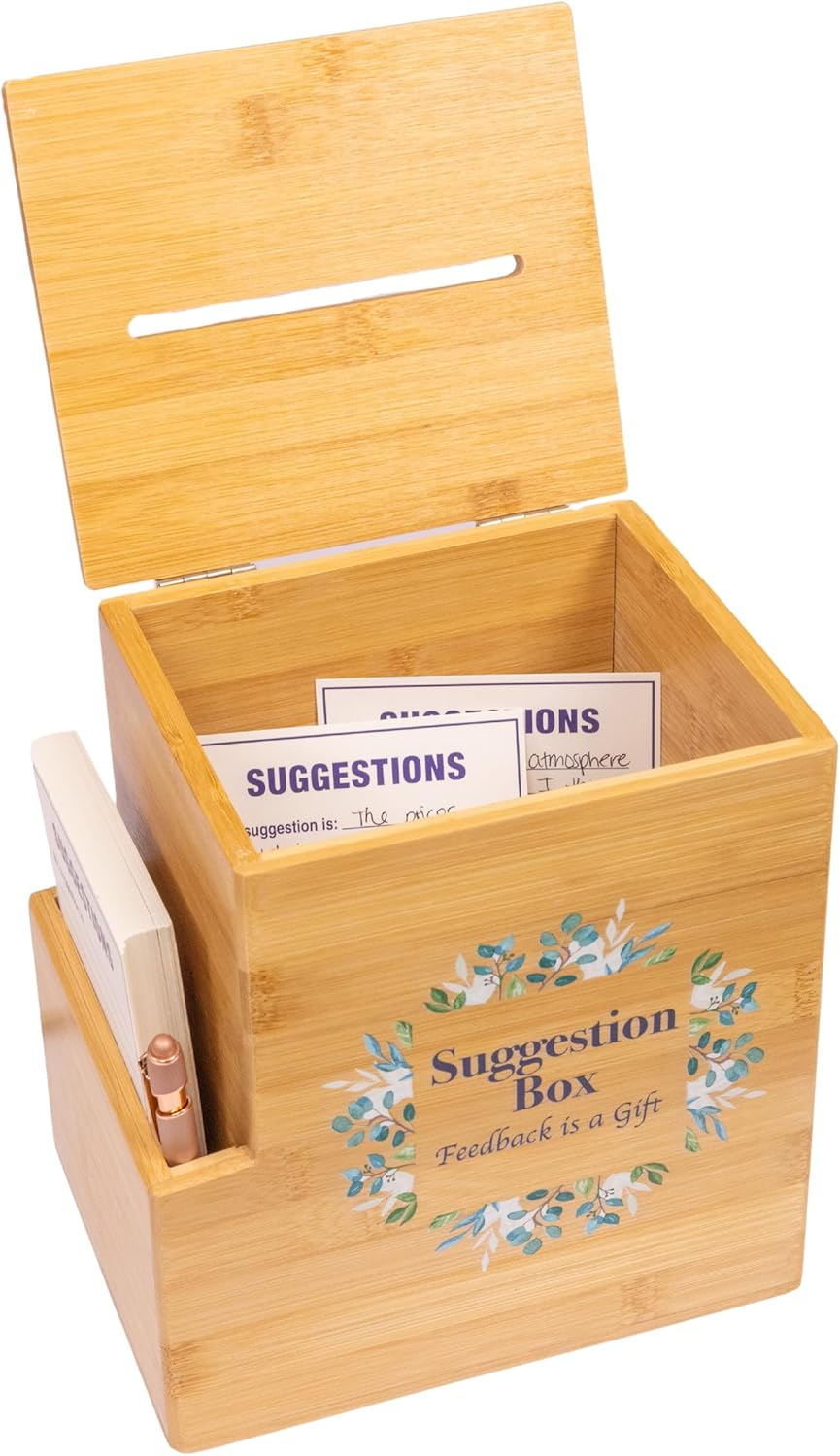 Suggestion Box with Slot, Donation, Rustic Feedback for Patient Care and Prayer Requests, 8H x 5.5W x 7.5L inch, Sustainable Bamboo Wood, School Voting