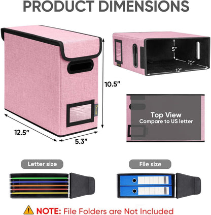 BALEINE File Organizer Box with Lid, Collapsible File Folder Organizer with Plastic Slide, Hanging File Folder Box for Office Document Storage (2 Pack, Pink, S)