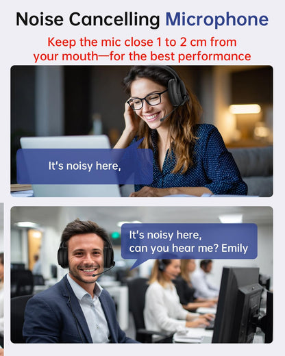 Wireless Headset with Mic for Work up to 40H Talk Time, Over-Ear Foldable Bluetooth Wireless Headset with AI Noise Cancelling Mic, Bluetooth V5.3 & USB Dongle & Mic Mute for Home Office (Black)