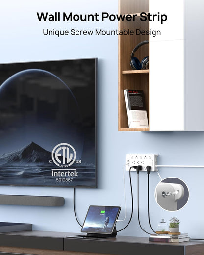 TROND Surge Protector Power Strip 10 ft Cord - Long Extension Cord, 4000J, 13 Widely Outlets with USB C Ports, Flat Plug, Wall Mount, 1875W, Home Gaming Dorm Room Essentials, ETL Listed, White