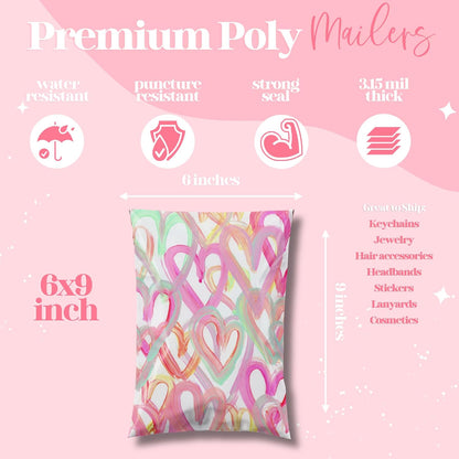 6x9 Designer Poly Mailer 100 Pack Heavy Duty Waterproof Self Seal Shipping Bags for Small Business Large Mailing Envelopes Bulk Tear Resistant Cute Packaging Happy Hearts