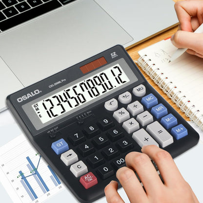 OSALO Desktop Calculator Extra Large Display 12 Digits Big Buttons Solar Accounting Calculator for Office Black (OS-200ML)