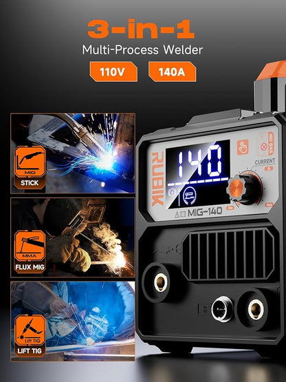 140A Gasless Mig Welder,110V FLUX MIG/ARC/Lift TIG Welding Machine,3 in 1 Mig Welder with Synergy and IGBT Inverter,110V Flux Core Welder with LCD Display