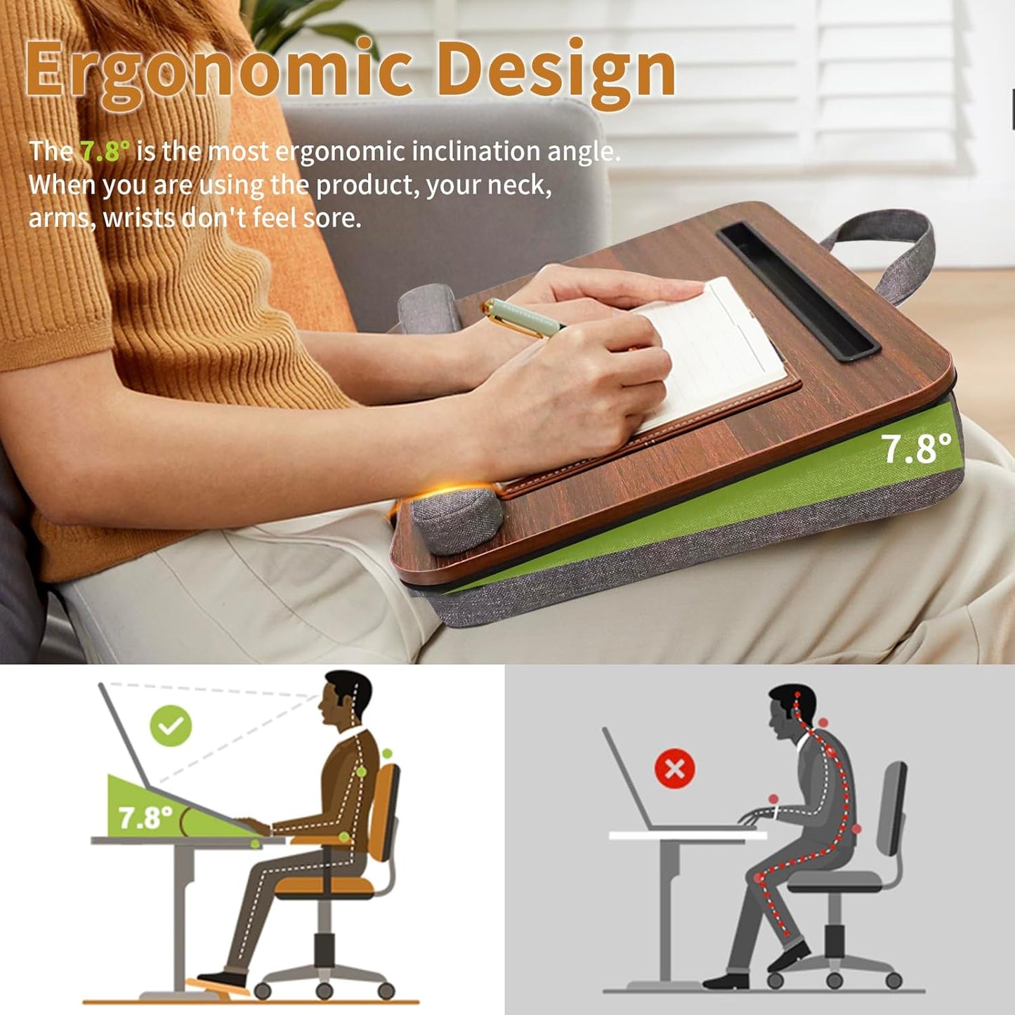 Portable Lap Desk for Laptop with Cushion, Storage Bag Fits Up to 15.6 Inch Laptop, Adults with Ipad/Phone&Pillow Holder for Home Office Bed Couch - Walnut Color