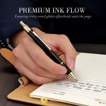 Black Gel Pen With 24K Gold Finish, Fine lacquer work, Best Men's And Women's Gift Pen Set, Professional, ADMOK Black Refill, Smooth Writing, Executive, Office, Click, Nice Retractable Pens