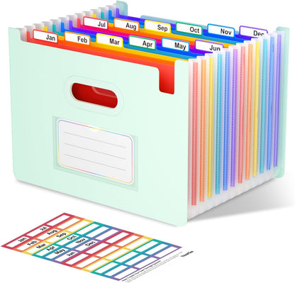 ThinkTex Accordion File Organizer, 12 - Pocket Expanding File Folders Upright & Open Top,for Paper Receipts, Bills&Taxes Organizer, Letter/A4 Size for School, Office, Home with Colorful tab-Sage Green